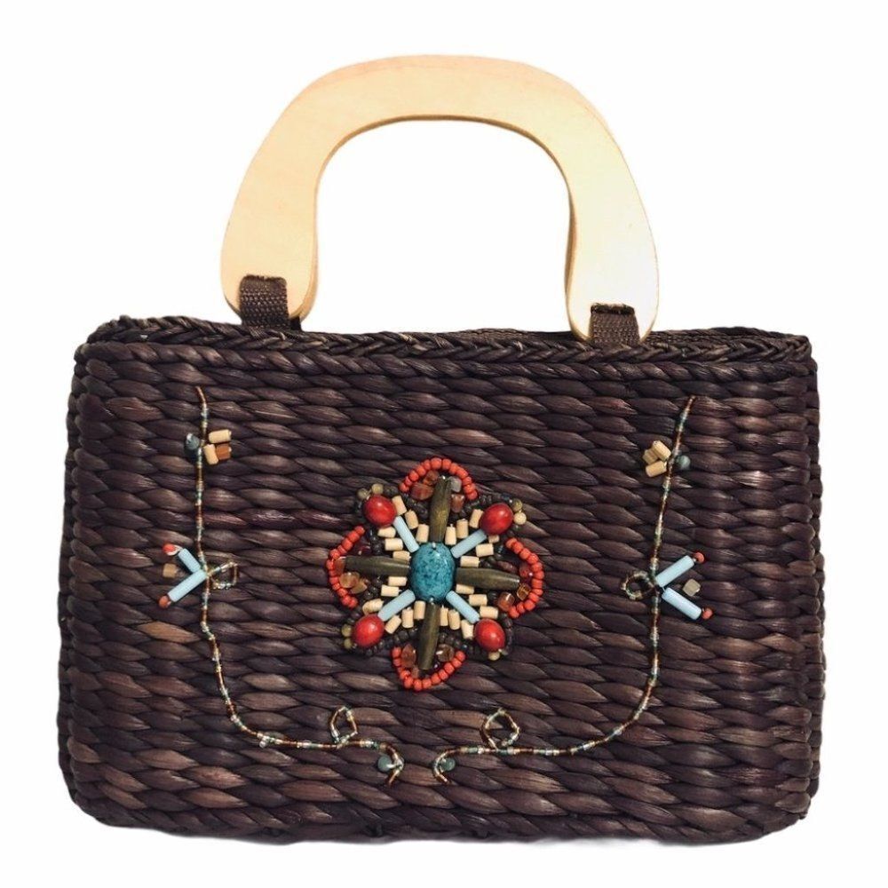Straw handbag purse mini tote turquoise beading wooden handles brown